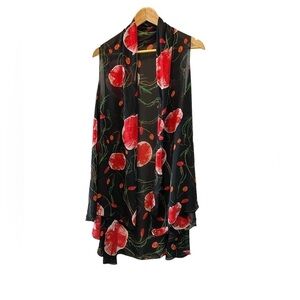 Black Semi Sheer Poppy Floral Print Sleeveless Over Piece Swim Coverup Cardigan